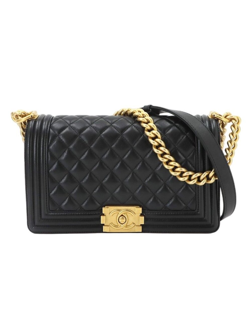 Chanel Boy Chain Shoulder Bag Lambskin Black Gold